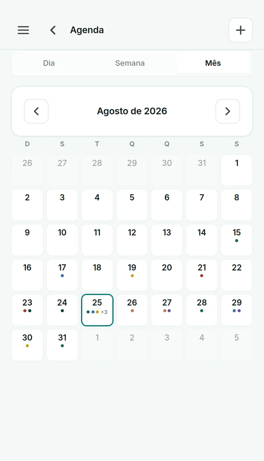 Agenda do mês no Odenty Pro, com calendário e indicadores de atendimentos por dia