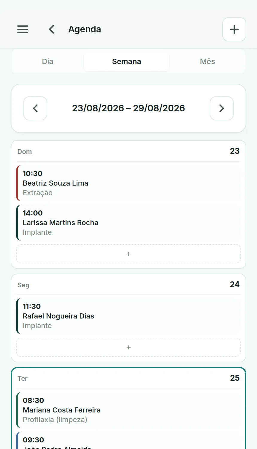 Agenda da semana no Odenty Pro, com atendimentos agrupados por dia