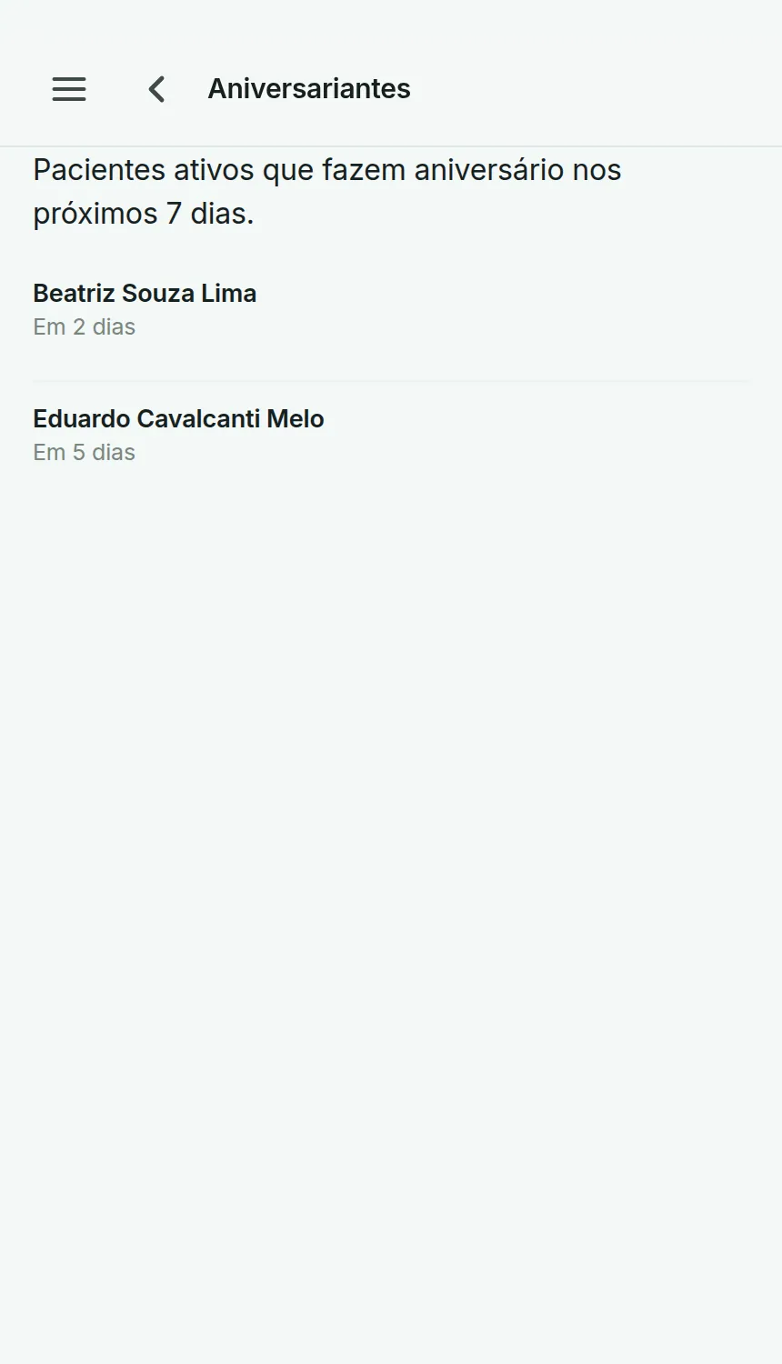 Tela de aniversariantes do Odenty Pro, com pacientes que fazem aniversário na semana