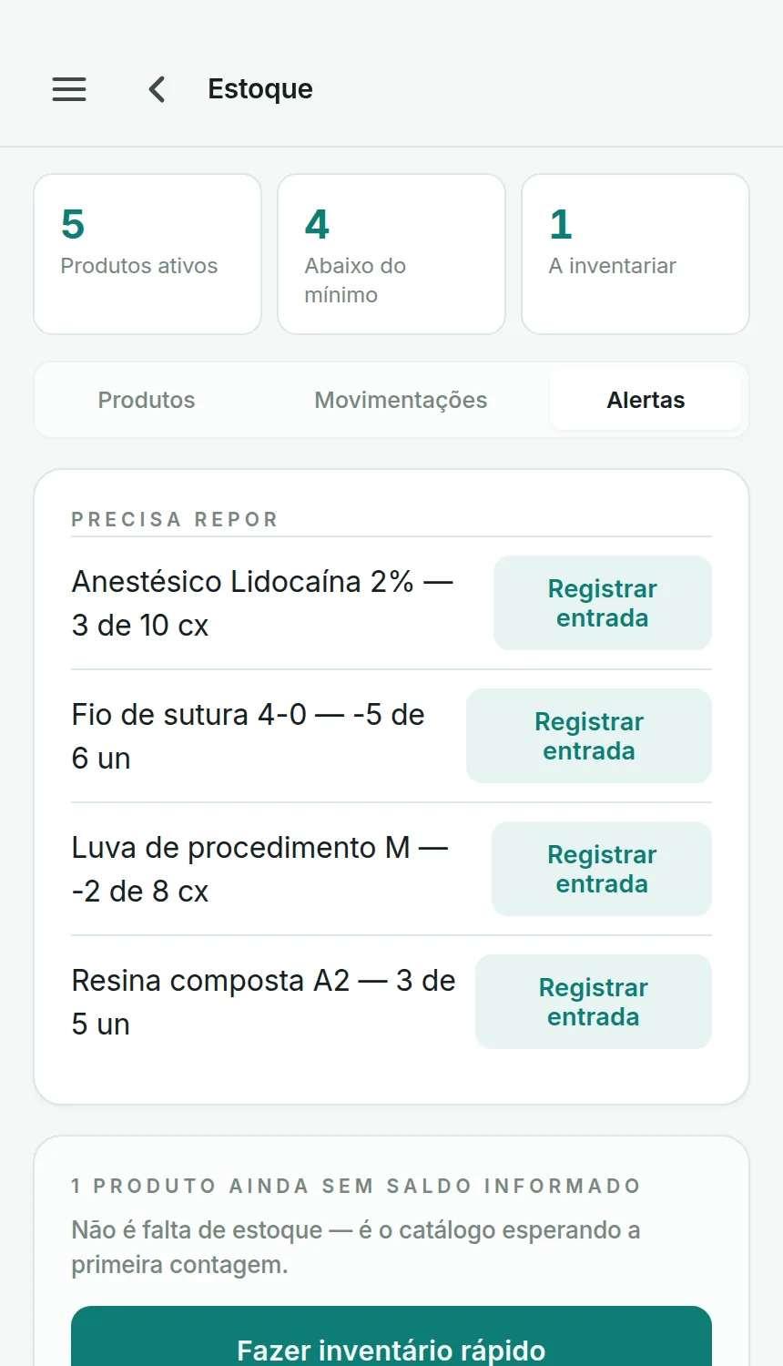 Alertas de estoque baixo no Odenty Pro, com botão de registrar entrada