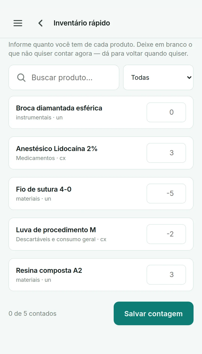 Inventário rápido no Odenty Pro, para contar o estoque produto a produto