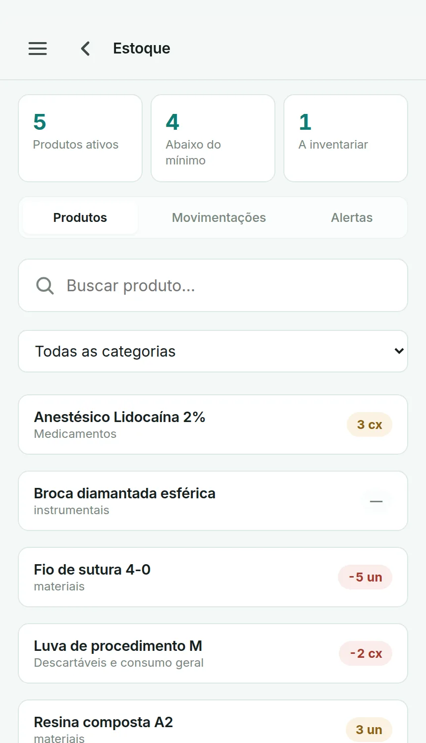 Lista de produtos do estoque no Odenty Pro, com saldo por item