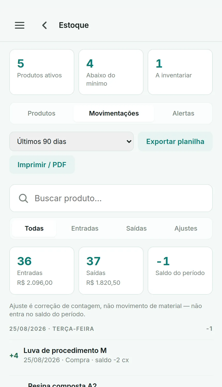 Movimentações de estoque no Odenty Pro, com entradas, saídas e ajustes
