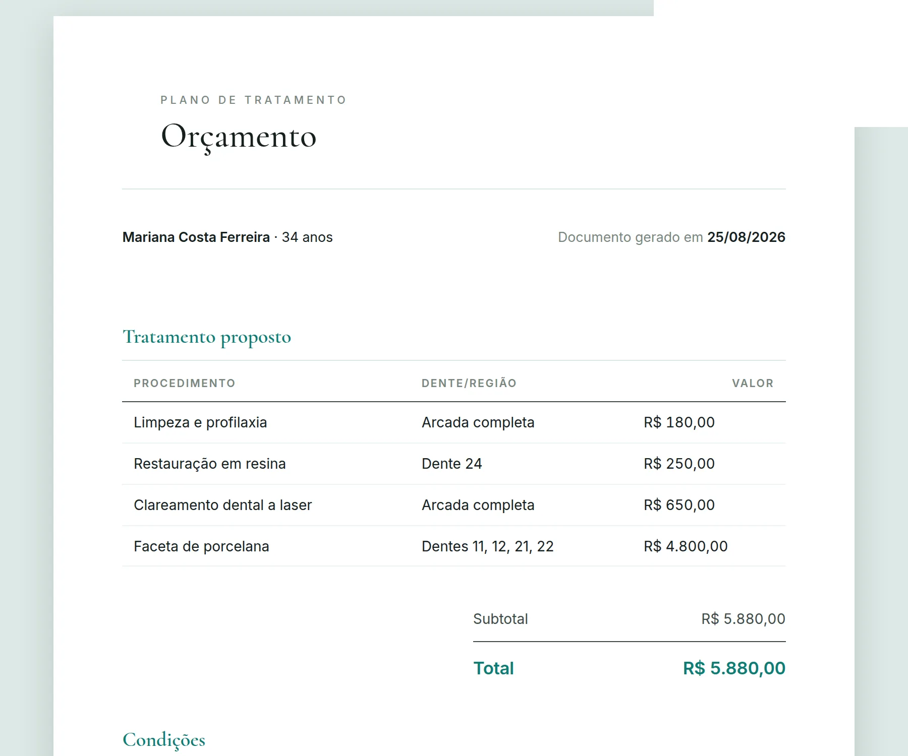 PDF de orçamento gerado pelo Odenty Pro, com plano de tratamento, valores e assinatura
