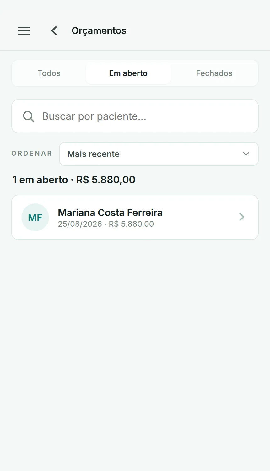Tela de orçamentos do Odenty Pro com filtros por status: todos, em aberto e fechados