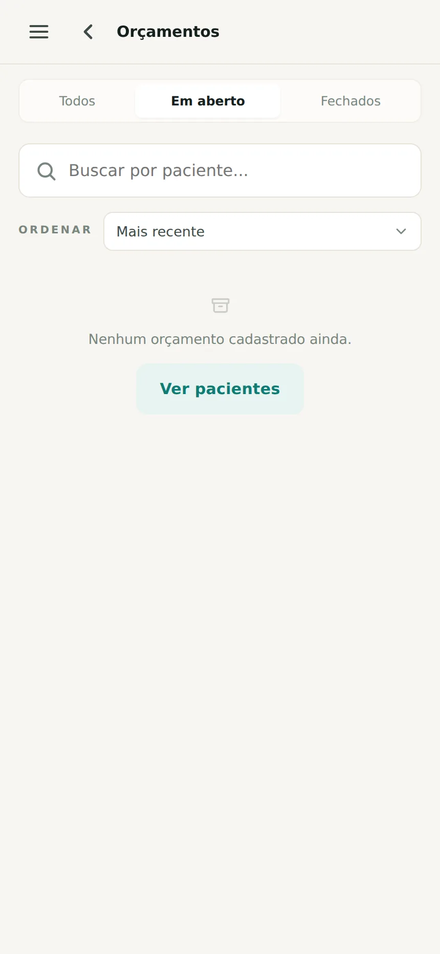 Orçamentos organizados por status no Odenty Pro