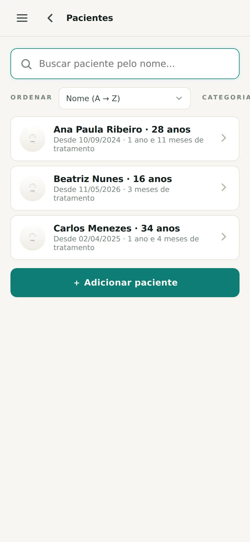 Lista de pacientes no Odenty Pro