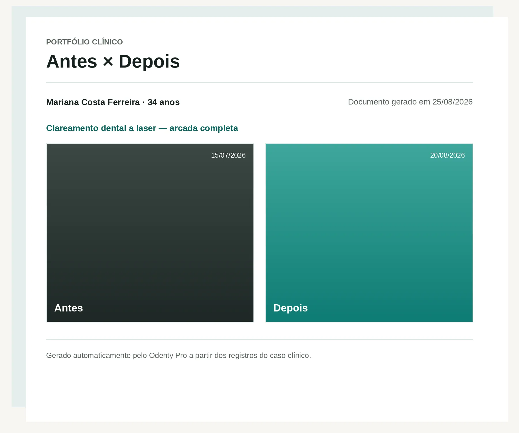 PDF de portfólio gerado pelo Odenty Pro, com fotos antes e depois do tratamento