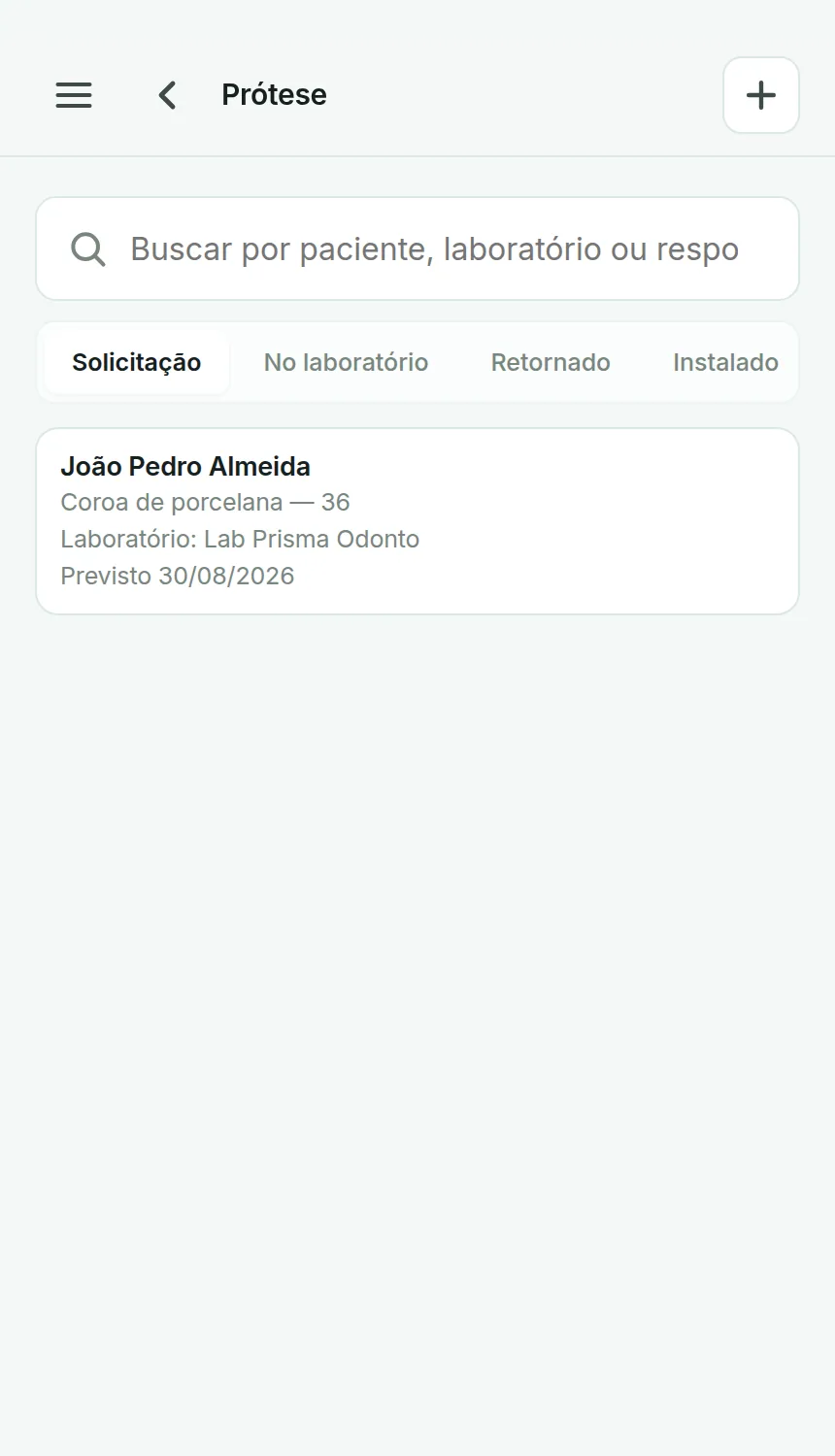 Controle de próteses do Odenty Pro, por status: solicitação, laboratório, retornado e instalado