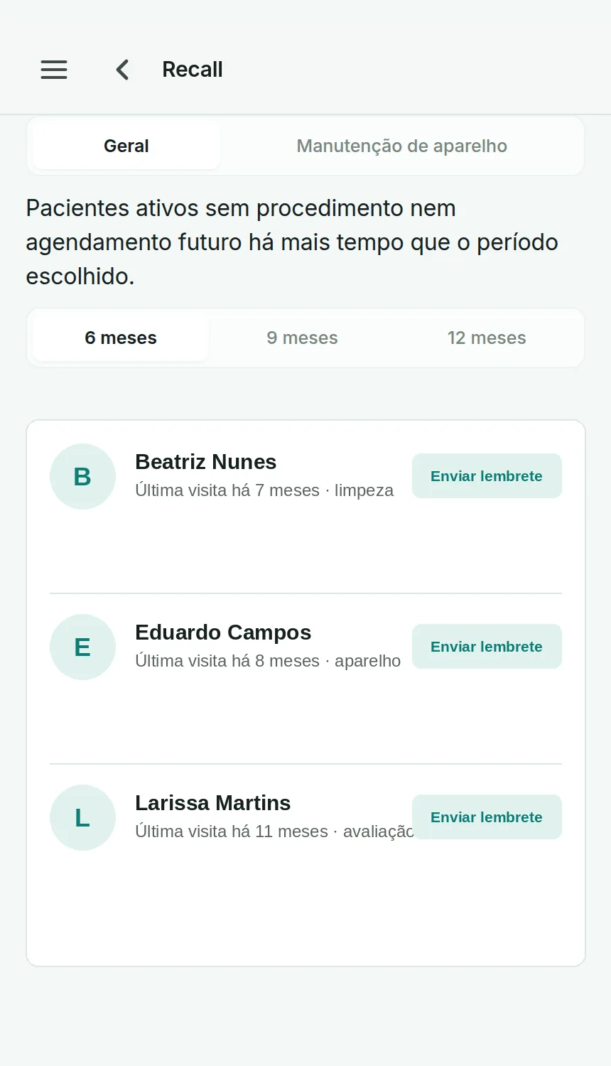 Tela de recall do Odenty Pro, com pacientes sem retorno agendado