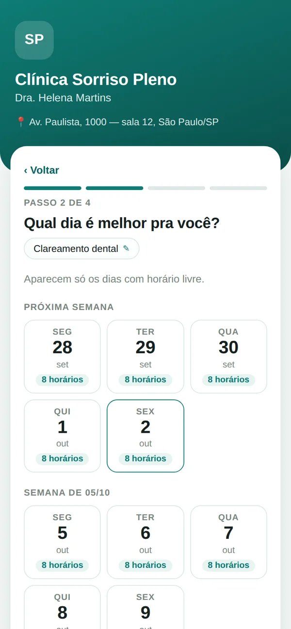 Página de agendamento que o paciente vê pelo link