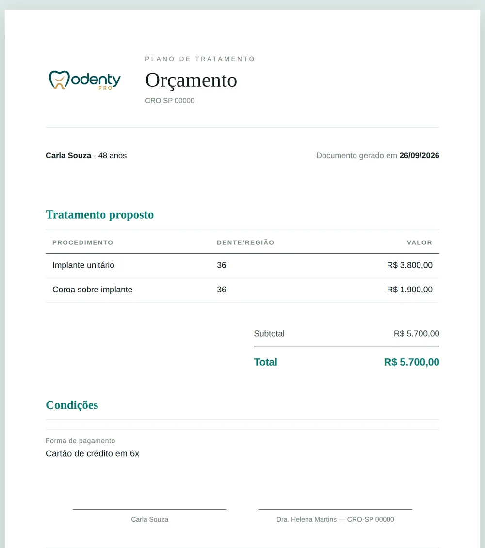 Orçamento em PDF: implante unitário e coroa sobre implante, total R$ 5.700,00
